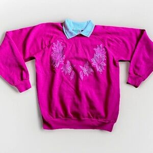 VTG Morning Sun Collared Pink Silver Floral Grandma Cottagecore Sweater Size L